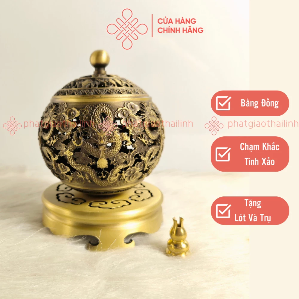 Lư Đồng Xông Trầm Họa Tiết Ngũ Long Chầu Nguyệt (Tặng Kèm 3 Nụ Trầm) - Cửa Hàng Phật Giáo Thái Linh