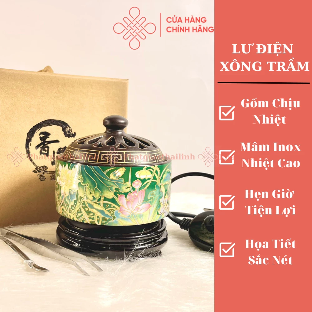 Lư Điện Xông Trầm Cao Cấp Nhiều Họa Tiết Có Đôn Gỗ (Tặng Kèm 50g Bột Trầm) - Cửa Hàng Phật Giáo Thái Linh